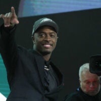Apr 25, 2024; Detroit, MI, USA; Toledo Rockets cornerback Quinyon Mitchell reacts after being selected by the Philadelphia Eagles as the No. 22 pick in the first round of the 2024 NFL Draft at Campus Martius Park and Hart Plaza.