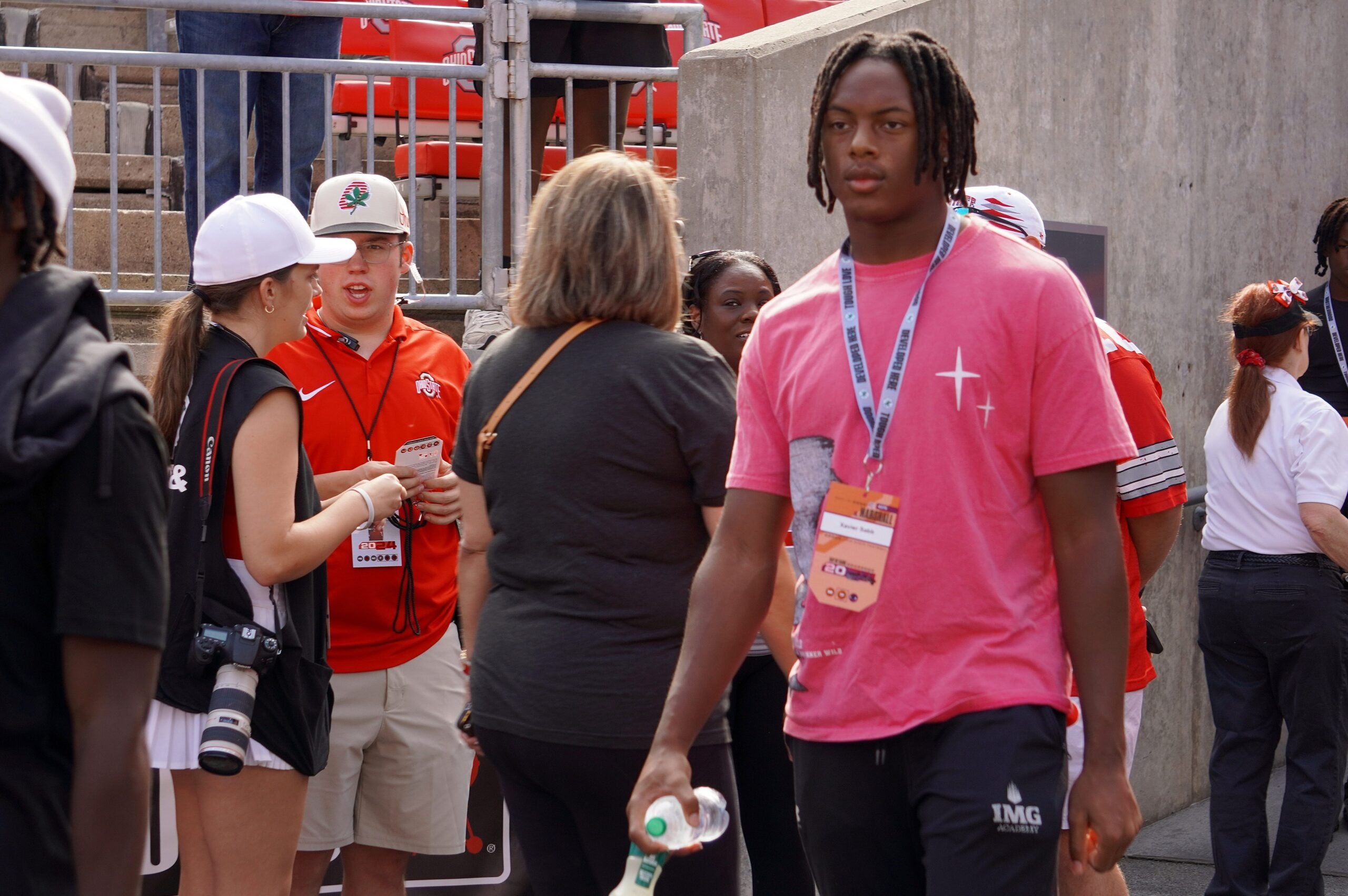 Sept. 21, 2024; Columbus, Ohio, USA; Glassboro (New Jersey) athlete Xavier Sabb watches warm-ups before Ohio State's game against the Marshall University Thundering Herd at Ohio Stadium.