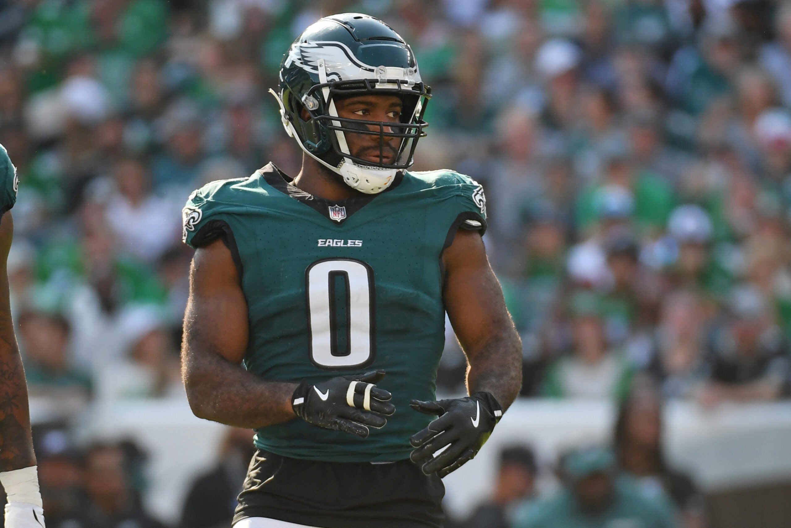 Oct 13, 2024; Philadelphia, Pennsylvania, USA; Philadelphia Eagles defensive end Bryce Huff (0) against the Cleveland Browns at Lincoln Financial Field.