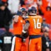 Nov 17, 2024; Denver, Colorado, USA; Denver Broncos wide receiver Troy Franklin (16) celebrates his touchdown with quarterback Bo Nix (10) in the second half against the Atlanta Falcons at Empower Field at Mile High.