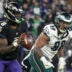 Dec 1, 2024; Baltimore, Maryland, USA; Philadelphia Eagles defensive tackle Jalen Carter (98) applies pressure on Baltimore Ravens quarterback Lamar Jackson (8) during the game at M&T Bank Stadium.