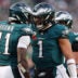 Jan 26, 2025; Philadelphia, PA, USA; Philadelphia Eagles quarterback Jalen Hurts (1) and wide receiver A.J. Brown (11) celebrate after a touchdown against the Washington Commanders during the first half in the NFC Championship game at Lincoln Financial Field.