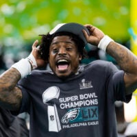 Feb 9, 2025; New Orleans, LA, USA; Philadelphia Eagles safety C.J. Gardner-Johnson celebrates after defeating the Kansas City Chiefs in Super Bowl LIX at Ceasars Superdome.