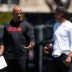 May 9, 2025; Santa Clara, CA, USA; San Francisco 49ers head coach Kyle Shanahan, right, confers with defensive coordinator Robert Saleh during the team's rookie minicamp.