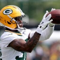 Green Bay Packers running back MarShawn Lloyd (32) participates in drills during the third day of training camp on July 25, 2025, at Ray Nitschke Field in Ashwaubenon, Wis.