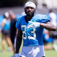 Jul 26, 2025; Charlotte, NC, USA; Carolina Panthers wide receiver David Moore (83) mugs for the camera as he walks off after practice during training camp.