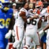 Aug 23, 2025; Cleveland, Ohio, USA; Cleveland Browns defensive end Myles Garrett (95) celebrates with defensive end Adin Huntington (66) after Huntington sacked Los Angeles Rams quarterback Dresser Winn (not pictured) during the second half at Huntington Bank Field.