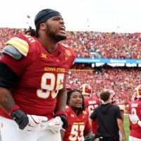 Sep 6, 2025; Ames, Iowa, USA; Iowa State Cyclones defensive lineman Domonique Orange (95) reacts late in the second half against the Iowa Hawkeyes at Jack Trice Stadium.