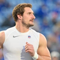 Sep 7, 2025; Orchard Park, New York, USA; Buffalo Bills defensive end Joey Bosa (97) warms up prior to the game against the Baltimore Ravens at Highmark Stadium.