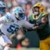 Green Bay Packers defensive end Micah Parsons (1) fights through a block by Detroit Lions offensive tackle Penei Sewell (58) on Sunday, September 7, 2025, at Lambeau Field in Green Bay, Wis. The Packers won the game, 27-13.