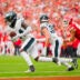 Sep 14, 2025; Kansas City, Missouri, USA; Philadelphia Eagles safety Andrew Mukuba (24) returns an interception a pass during the second half against the Kansas City Chiefs at GEHA Field at Arrowhead Stadium.