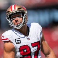 Sep 21, 2025; Santa Clara, California, USA; San Francisco 49ers defensive end Nick Bosa (97) on the field during warm ups prior to a game against the Arizona Cardinals during the first half at Levi's Stadium.