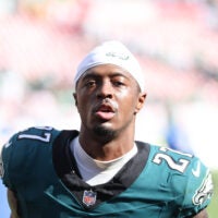 Sep 28, 2025; Tampa, Florida, USA; Philadelphia Eagles cornerback Quinyon Mitchell (27) looks on after the game against the Tampa Bay Buccaneers at Raymond James Stadium.