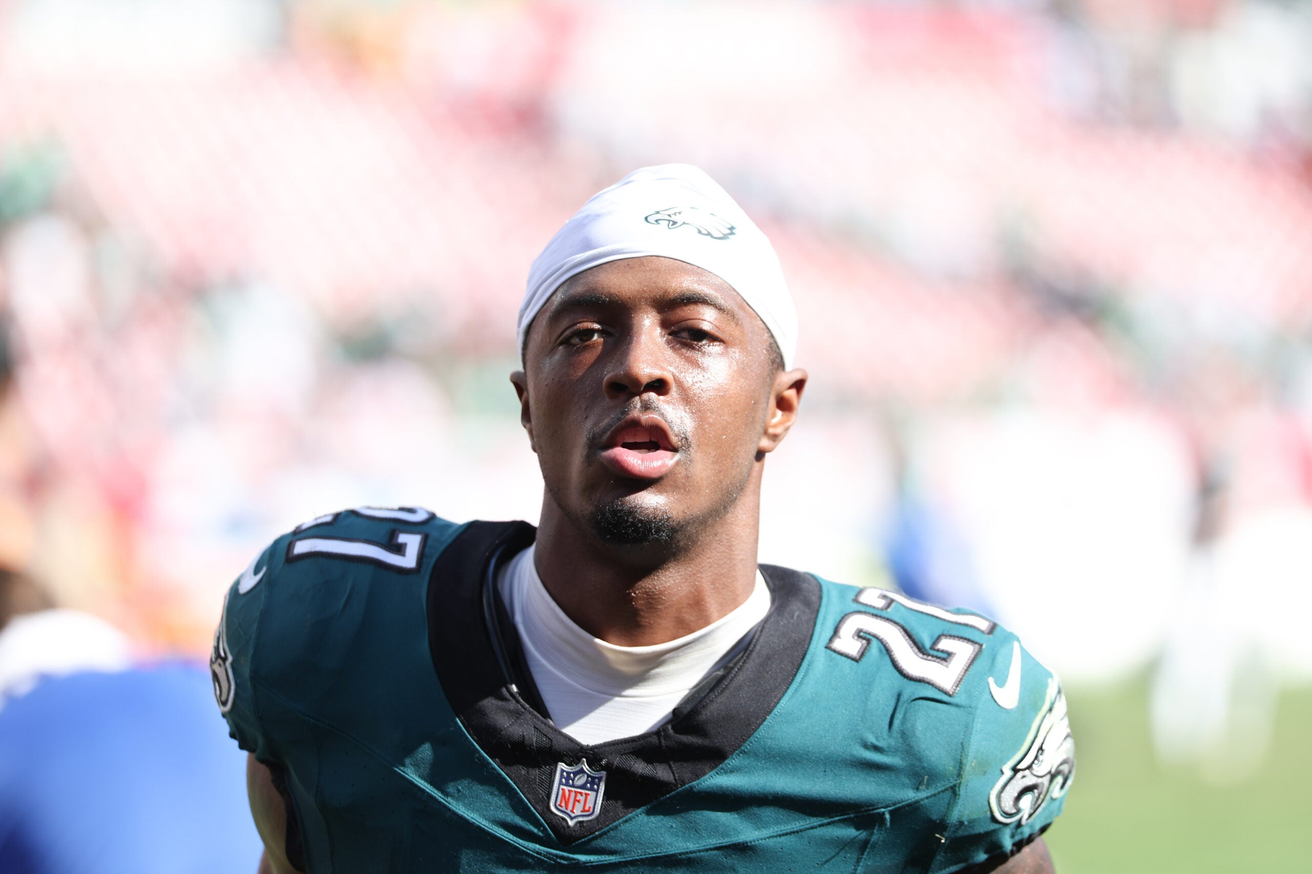 Sep 28, 2025; Tampa, Florida, USA; Philadelphia Eagles cornerback Quinyon Mitchell (27) looks on after the game against the Tampa Bay Buccaneers at Raymond James Stadium.
