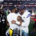 Sep 28, 2025; Arlington, Texas, USA; Dallas Cowboys quarterback Dak Prescott (4) and Green Bay Packers defensive end Micah Parsons (1) embrace after the game at AT&T Stadium.