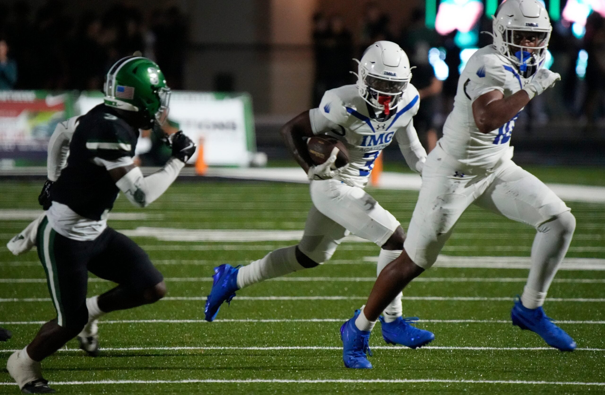 IMG running back Eric McFarland III (#3) follows his blocker tight end Judah Lancaster (#10) on his way to the end zone. The Venice Indians hosted the IMG Academy Ascenders National team Friday evening Sept. 3, 2025.