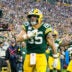 Oct 12, 2025; Green Bay, Wisconsin, USA; Green Bay Packers tight end Tucker Kraft (85) celebrates a touchdown in the fourth quarter against the Cincinnati Bengals at Lambeau Field.