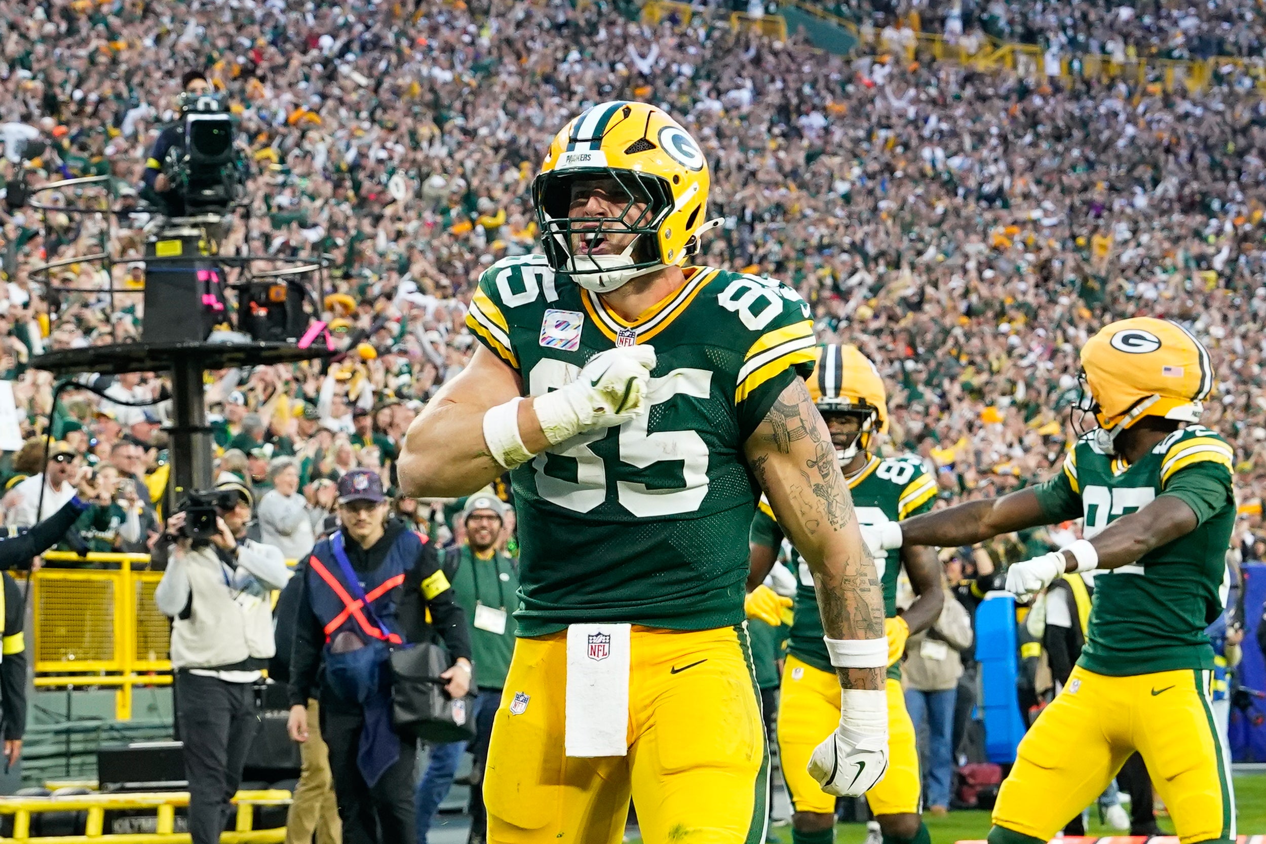 Oct 12, 2025; Green Bay, Wisconsin, USA; Green Bay Packers tight end Tucker Kraft (85) celebrates a touchdown in the fourth quarter against the Cincinnati Bengals at Lambeau Field.