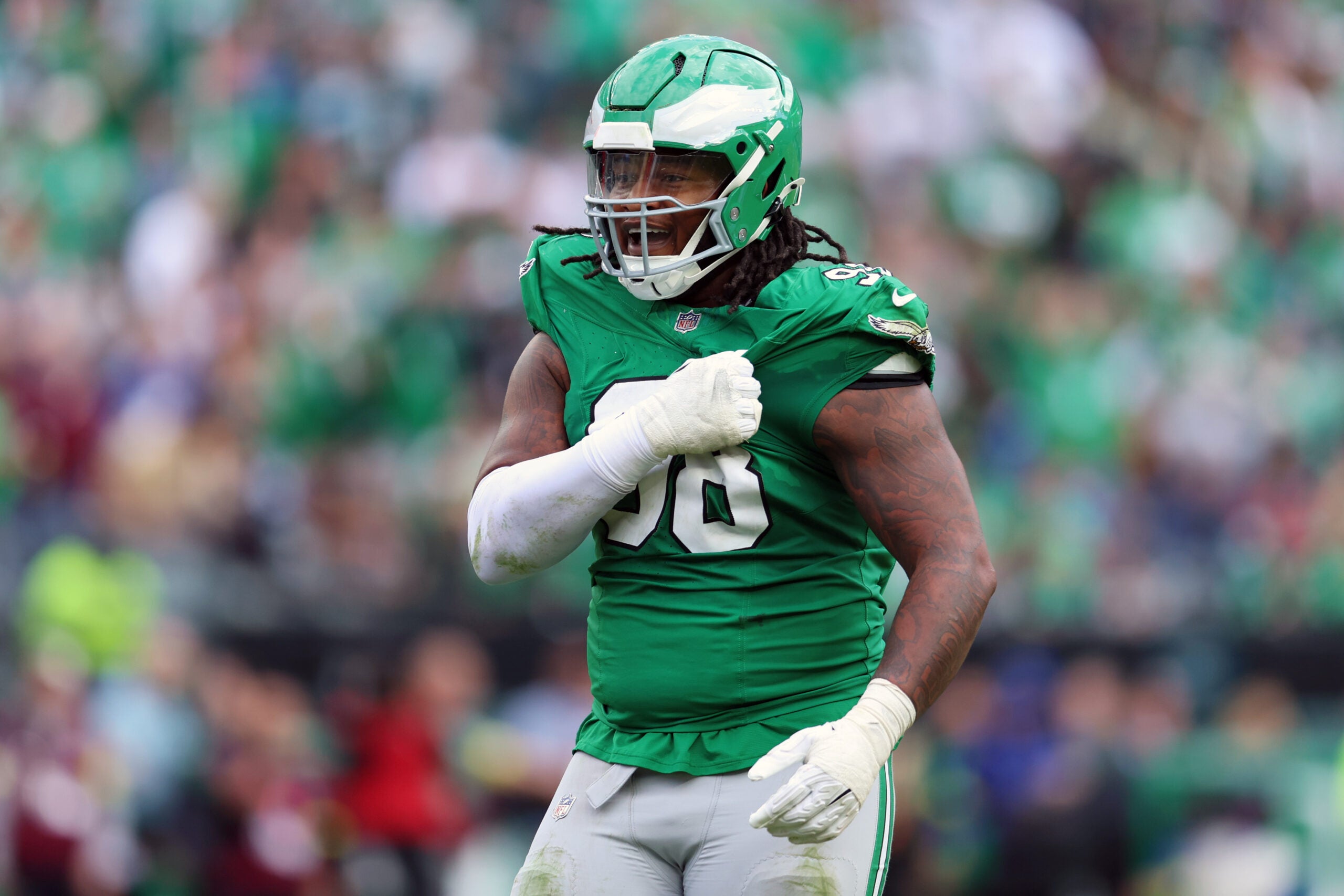 Oct 26, 2025; Philadelphia, Pennsylvania, USA; Philadelphia Eagles defensive tackle Jalen Carter (98) reacts in the third quarter against the New York Giants at Lincoln Financial Field.