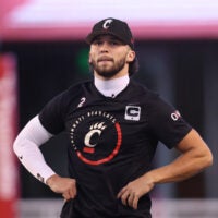 Nov 1, 2025; Salt Lake City, Utah, USA; Cincinnati Bearcats quarterback Brendan Sorsby (2) warms up before the game against the Utah Utes at Rice-Eccles Stadium.
