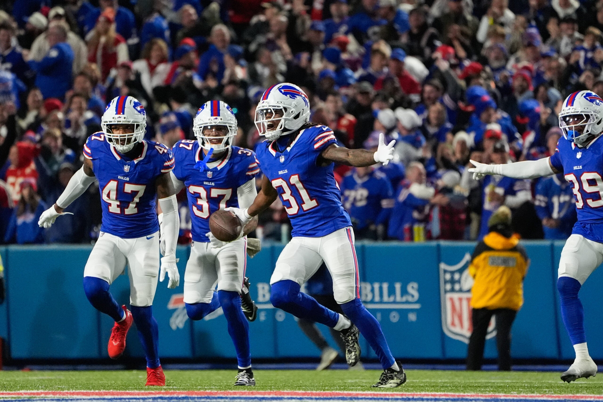 Nov 2, 2025; Orchard Park, New York, USA; Buffalo Bills cornerback Maxwell Hairston (31) intercepts the ball in the second half against the Kansas City Chiefs at Highmark Stadium.