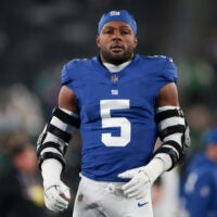 Oct 9, 2025; East Rutherford, New Jersey, USA; (Editors Notes: Caption Correction) New York Giants linebacker Kayvon Thibodeaux (5) looks on during warmups before the game against the Philadelphia Eagles at MetLife Stadium.
