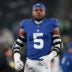 Oct 9, 2025; East Rutherford, New Jersey, USA; (Editors Notes: Caption Correction) New York Giants linebacker Kayvon Thibodeaux (5) looks on during warmups before the game against the Philadelphia Eagles at MetLife Stadium.