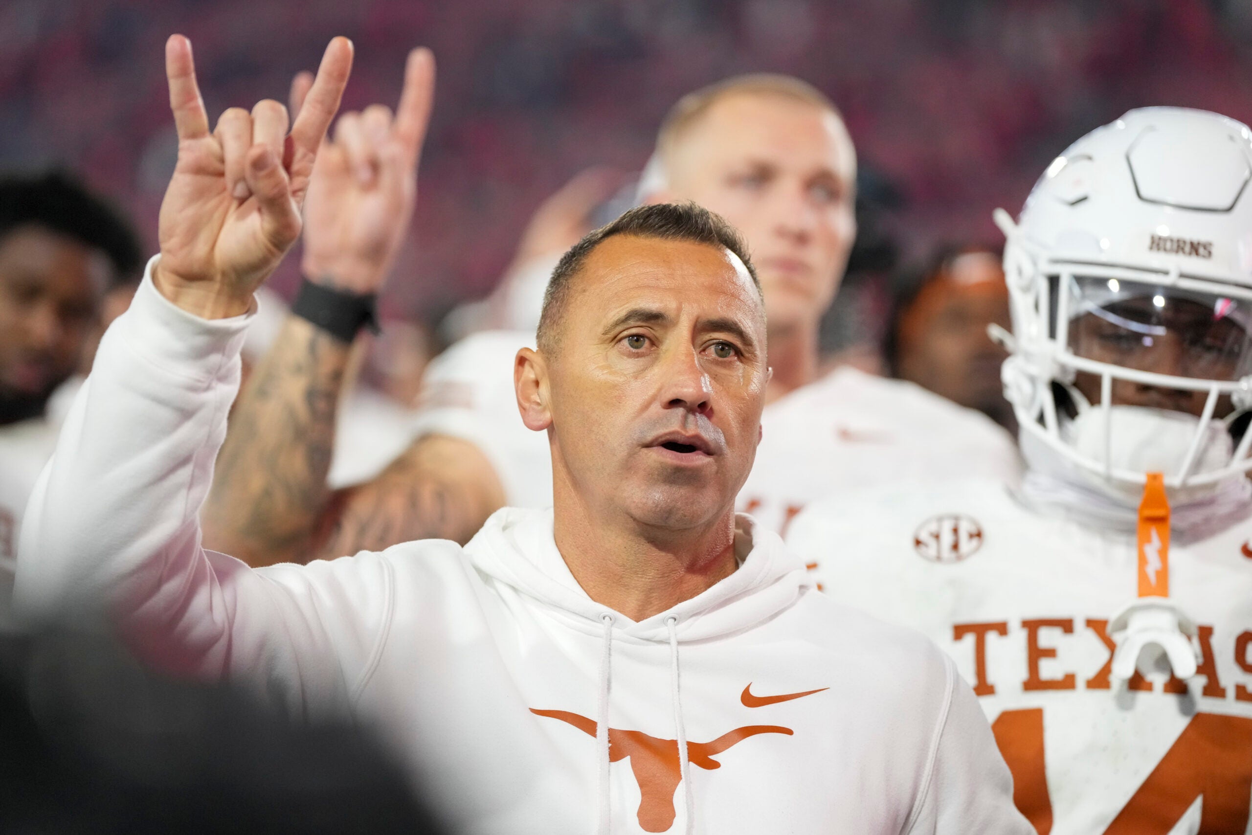 Nov 15, 2025; Athens, Georgia, USA; Texas Longhorns head coach Steve Sarkisian gestures after a game against the Georgia Bulldogs at Sanford Stadium.