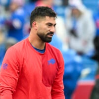 Nov 16, 2025; Orchard Park, New York, USA; Buffalo Bills defensive end AJ Epenesa (57) warms up prior to the game at Highmark Stadium.