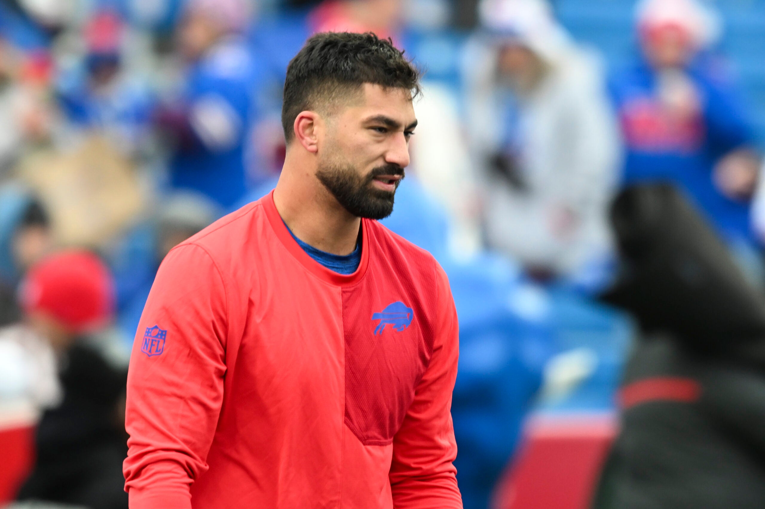 Nov 16, 2025; Orchard Park, New York, USA; Buffalo Bills defensive end AJ Epenesa (57) warms up prior to the game at Highmark Stadium.