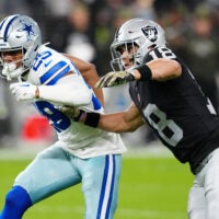 Nov 17, 2025; Paradise, Nevada, USA; Dallas Cowboys cornerback C.J. Goodwin (29) defends against Las Vegas Raiders wide receiver Jack Bech (18) during the first half at Allegiant Stadium.