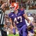 Clemson linebacker Sammy Brown (47) reacts after intercepting a pass against Furman during the second quarter at Memorial Stadium in Clemson, S.C. Saturday, November 22, 2025.