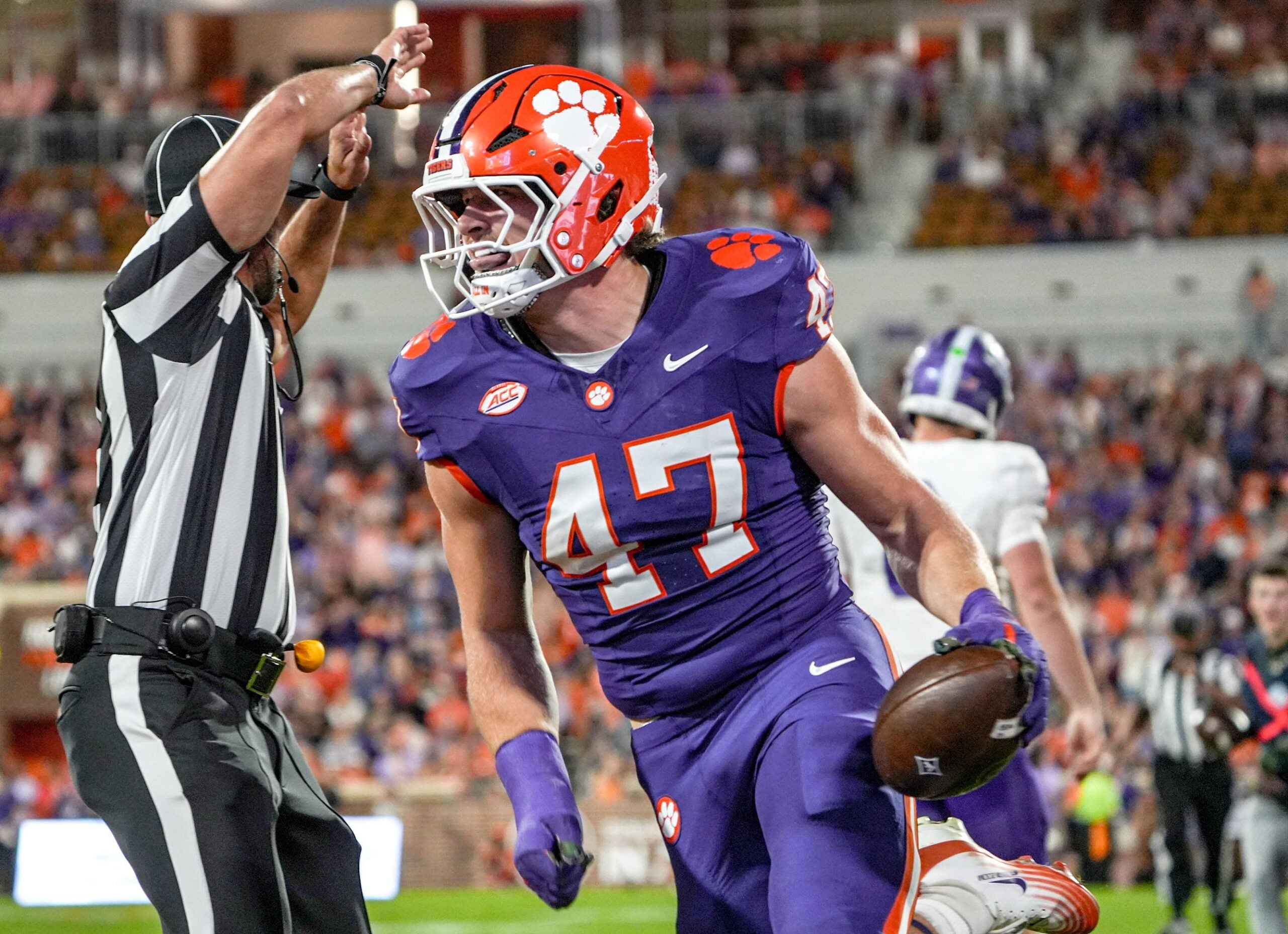 Clemson linebacker Sammy Brown (47) reacts after intercepting a pass against Furman during the second quarter at Memorial Stadium in Clemson, S.C. Saturday, November 22, 2025.