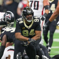 Nov 23, 2025; New Orleans, Louisiana, USA; New Orleans Saints defensive end Cameron Jordan (94) reacts after forcing a fumble against the Atlanta Falcons during the first half at Caesars Superdome.