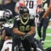 Nov 23, 2025; New Orleans, Louisiana, USA; New Orleans Saints defensive end Cameron Jordan (94) reacts after forcing a fumble against the Atlanta Falcons during the first half at Caesars Superdome.