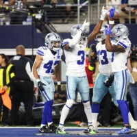 Nov 23, 2025; Arlington, Texas, USA; Dallas Cowboys wide receiver George Pickens (3) celebrates a touchdown in the second quarter against the Philadelphia Eagles at AT&T Stadium.