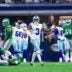 Nov 23, 2025; Arlington, Texas, USA; Dallas Cowboys wide receiver George Pickens (3) reacts during the game against the Philadelphia Eagles at AT&T Stadium.