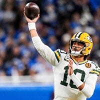 Green Bay Packers quarterback Jordan Love (10) makes a pass against Detroit Lions during the first half at Ford Field in Detroit on Thursday, Nov. 27, 2025.