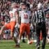 Clemson defensive end Will Heldt (13) reacts after sacking South Carolina quarterback LaNorris Sellers (16) during the first quarter at Williams-Brice Stadium in Columbia, S.C. Saturday, November 29, 2025.