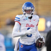 Nov 29, 2025; Berkeley, California, USA; Southern Methodist Mustangs wide receiver Romello Brinson (3) before the game against the California Golden Bears at California Memorial Stadium.