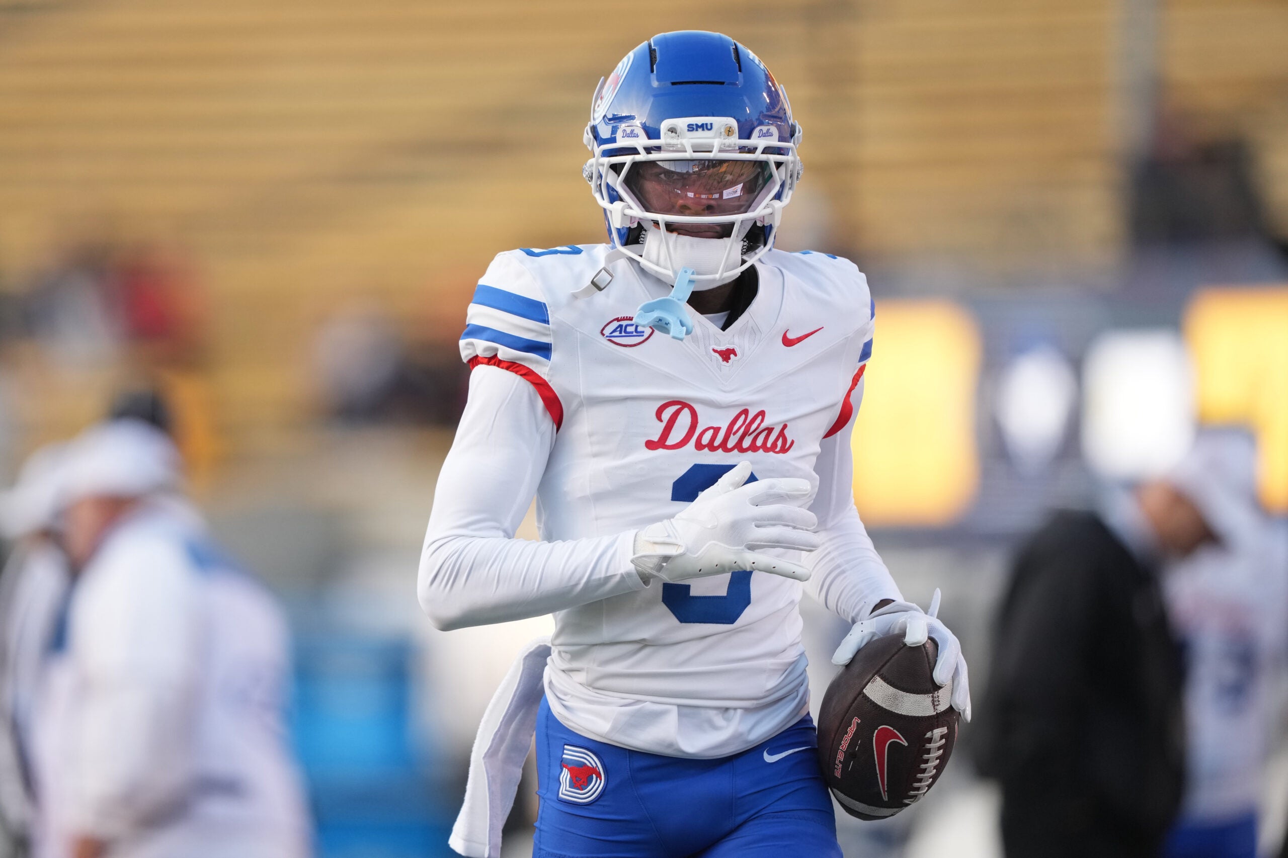 Nov 29, 2025; Berkeley, California, USA; Southern Methodist Mustangs wide receiver Romello Brinson (3) before the game against the California Golden Bears at California Memorial Stadium.
