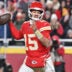 Dec 7, 2025; Kansas City, Missouri, USA; Kansas City Chiefs quarterback Patrick Mahomes (15) throws a pass during the second quarter against the Houston Texans at GEHA Field at Arrowhead Stadium.