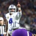 Dec 14, 2025; Arlington, Texas, USA; Dallas Cowboys quarterback Dak Prescott (4) calls signals during the second half against the Minnesota Vikings at AT&T Stadium.