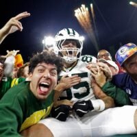 Green Bay Packers tight end Tucker Kraft (85) celebrates a touchdown against the Washington Commanders on Thursday, September 11, 2025, at Lambeau Field in Green Bay, Wis. The Packers defeated the Commanders 27-18.