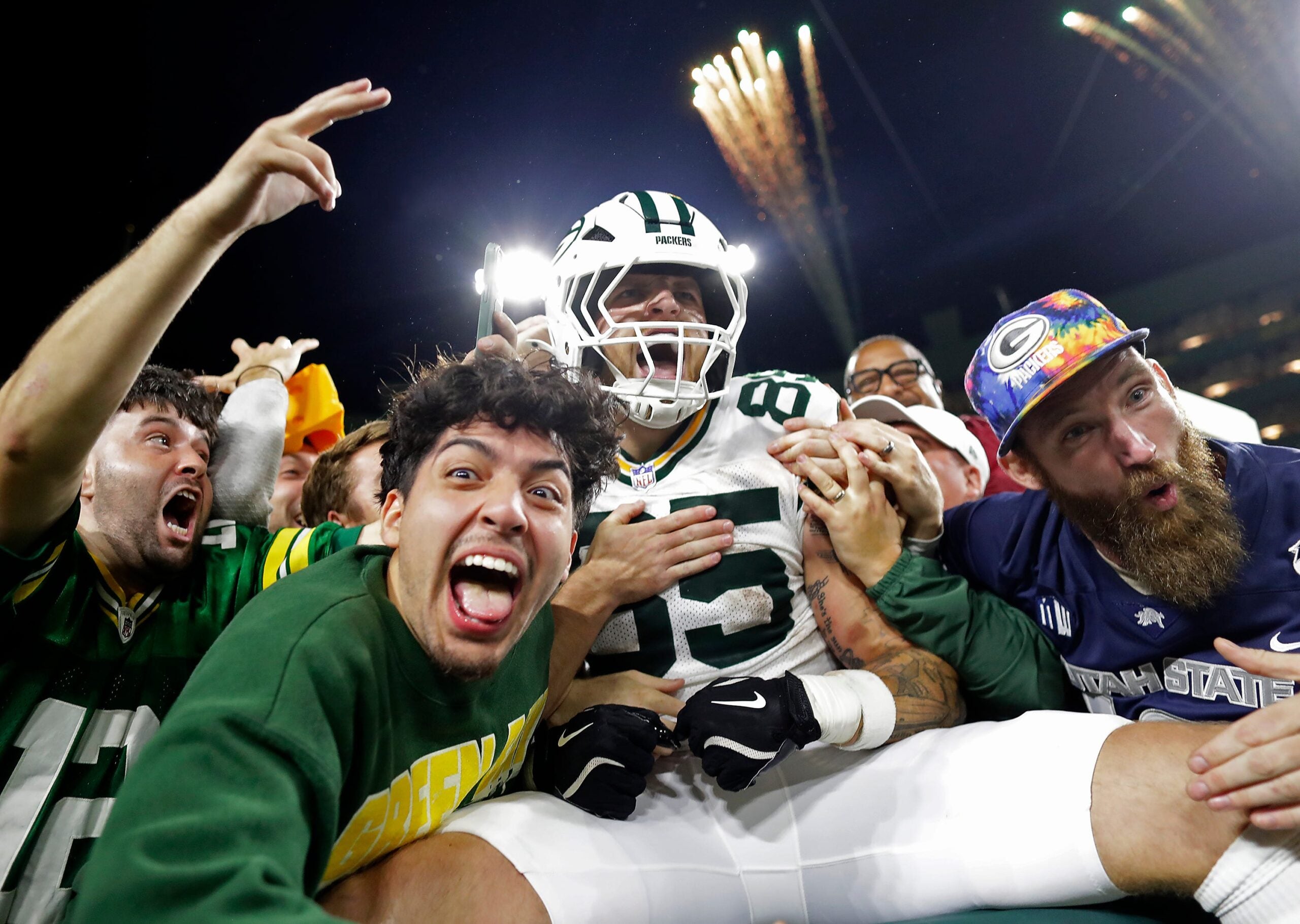 Green Bay Packers tight end Tucker Kraft (85) celebrates a touchdown against the Washington Commanders on Thursday, September 11, 2025, at Lambeau Field in Green Bay, Wis. The Packers defeated the Commanders 27-18.