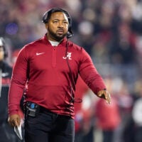 Dec 19, 2025; Norman, OK, USA; Alabama Crimson Tide defensive backs coach Maurice Linguist against the Oklahoma Sooners during the CFP National Playoff First Round at Gaylord Family Oklahoma Memorial Stadium.