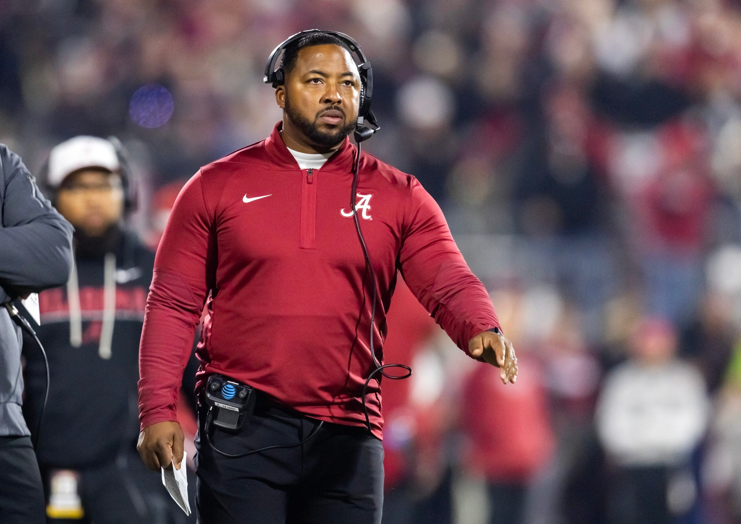 Dec 19, 2025; Norman, OK, USA; Alabama Crimson Tide defensive backs coach Maurice Linguist against the Oklahoma Sooners during the CFP National Playoff First Round at Gaylord Family Oklahoma Memorial Stadium.