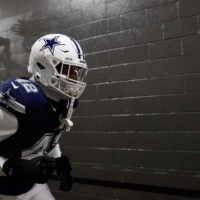 Dec 25, 2025; Landover, Maryland, USA; Dallas Cowboys defensive end Jadeveon Clowney (42) runs onto the field prior to the game against the Washington Commanders at Northwest Stadium.