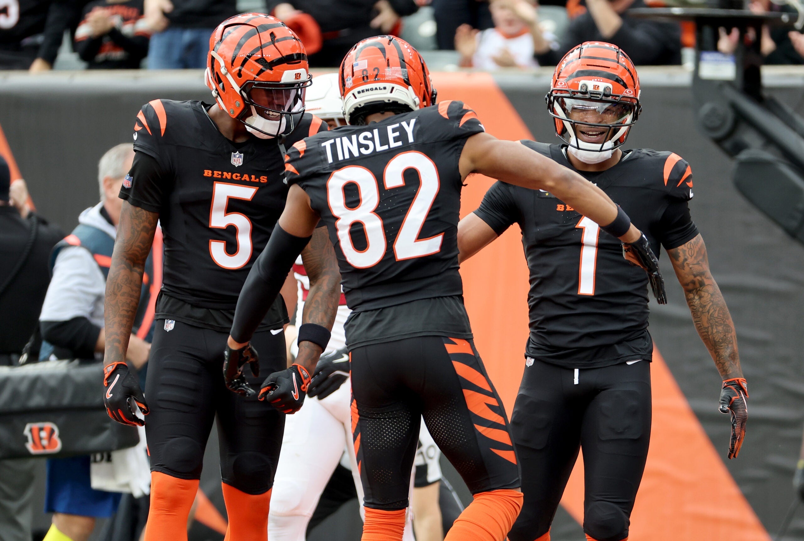 Cincinnati Bengals wide receivers Ja'Marr Chase, Tee Higgins, and Mitchell Tinsley