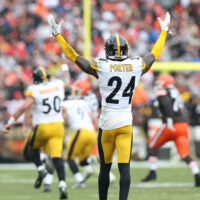 Dec 28, 2025; Cleveland, Ohio, USA; Pittsburgh Steelers cornerback Joey Porter Jr. (24) reacts in the second quarter against the Cleveland Browns at Huntington Bank Field.